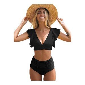 Ruffle High Waist Swimsuit Push-Up Padded Black Swimsuit Size Small NWT #1315